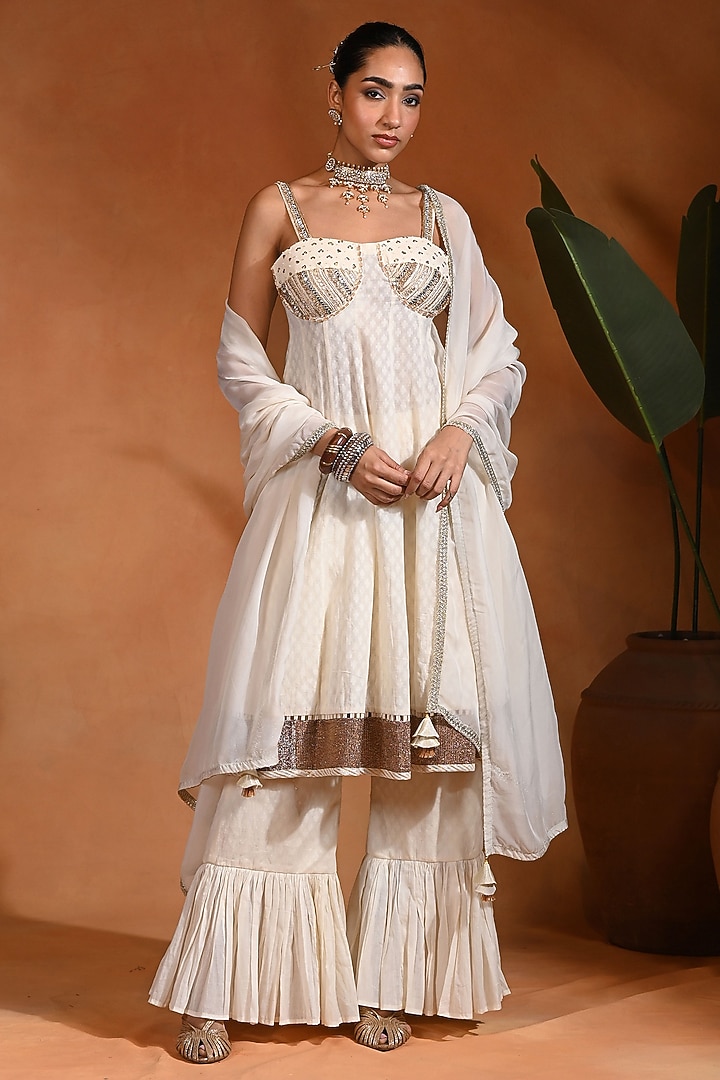 Ivory Cotton Jacquard Wedding Anarkali Set by Rishi & Vibhuti at Pernia's Pop Up Shop