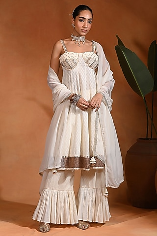 Ivory Cotton Jacquard Anarkali Set by Rishi & Vibhuti