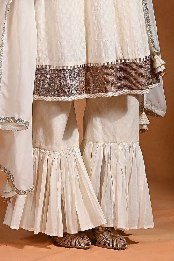 Ivory Cotton Jacquard Wedding Anarkali Set by Rishi & Vibhuti at Pernia's Pop Up Shop