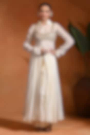 Ivory Cotton Jacquard Wedding Anarkali Set by Rishi & Vibhuti at Pernia's Pop Up Shop