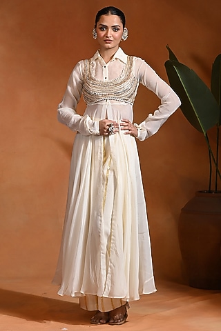 Ivory Cotton Jacquard Anarkali Set by Rishi & Vibhuti