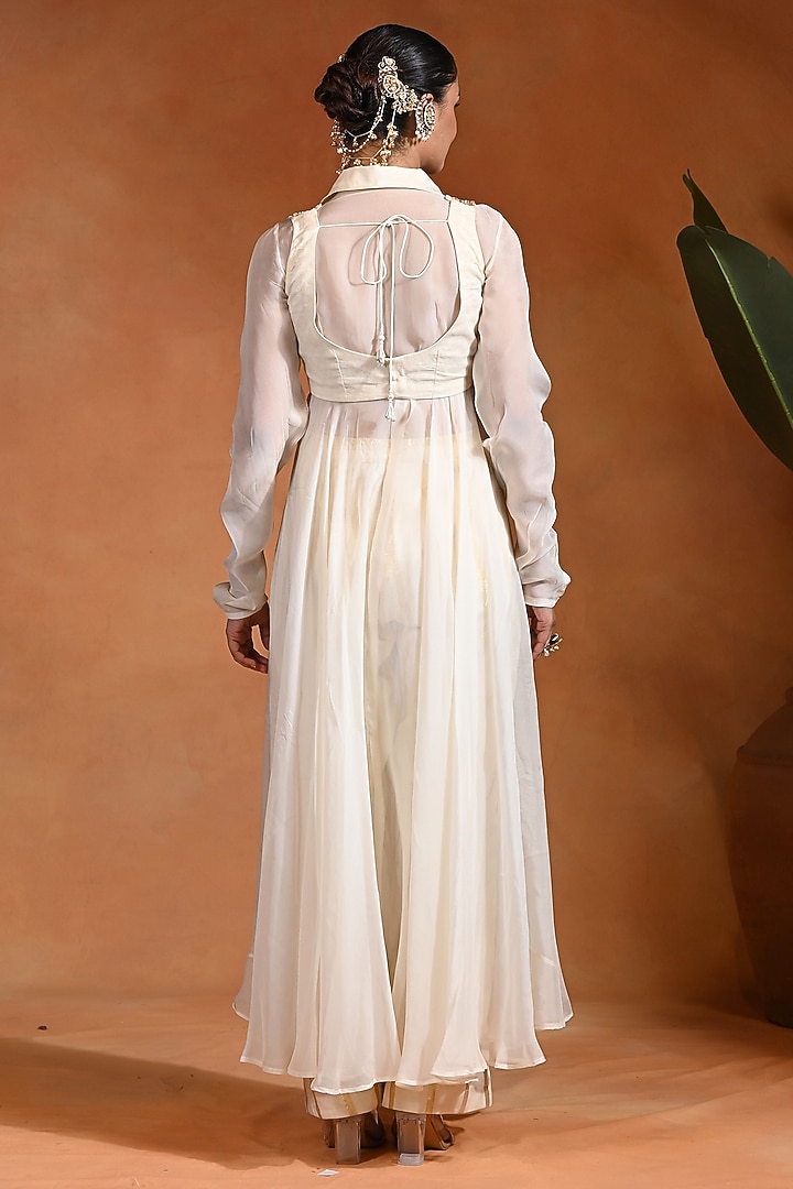 Ivory Cotton Jacquard Wedding Anarkali Set by Rishi & Vibhuti at Pernia's Pop Up Shop