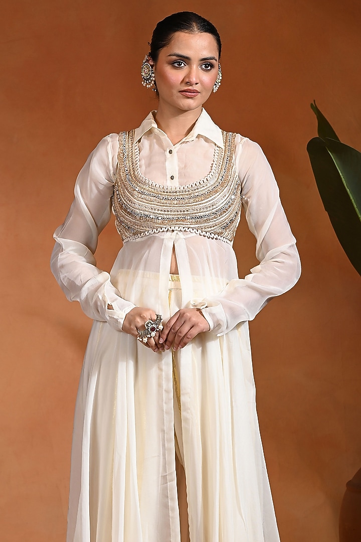 Ivory Cotton Jacquard Wedding Anarkali Set by Rishi & Vibhuti at Pernia's Pop Up Shop