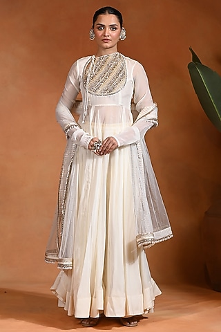 Ivory Cotton Lurex & Net Anarkali Set by Rishi & Vibhuti