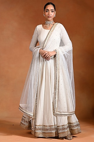 Ivory Cotton Jacquard & Net Anarkali Set by Rishi & Vibhuti