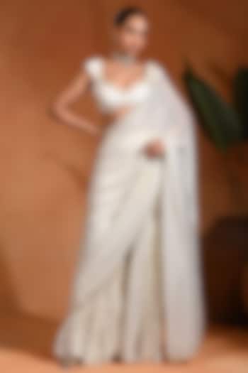 Ivory Dotted Georgette Wedding Saree Set by Rishi & Vibhuti at Pernia's Pop Up Shop