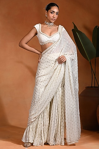 Ivory Dotted Georgette Saree Set by Rishi & Vibhuti