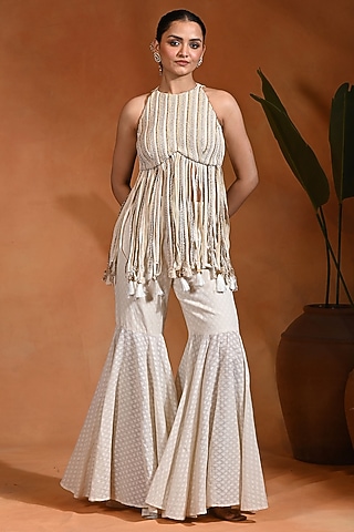 Ivory Cotton Jacquard Sharara Set by Rishi & Vibhuti