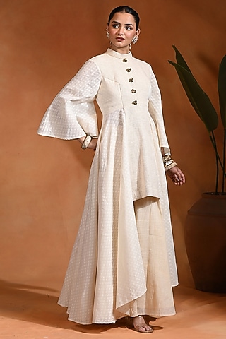 Ivory Cotton Jacquard Anarkali Set by Rishi & Vibhuti