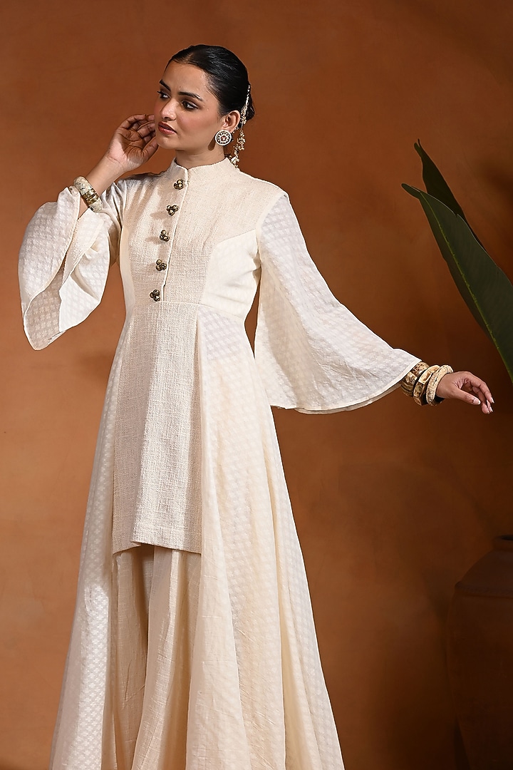 Ivory Cotton Jacquard Party Wear Anarkali Set by Rishi & Vibhuti at Pernia's Pop Up Shop