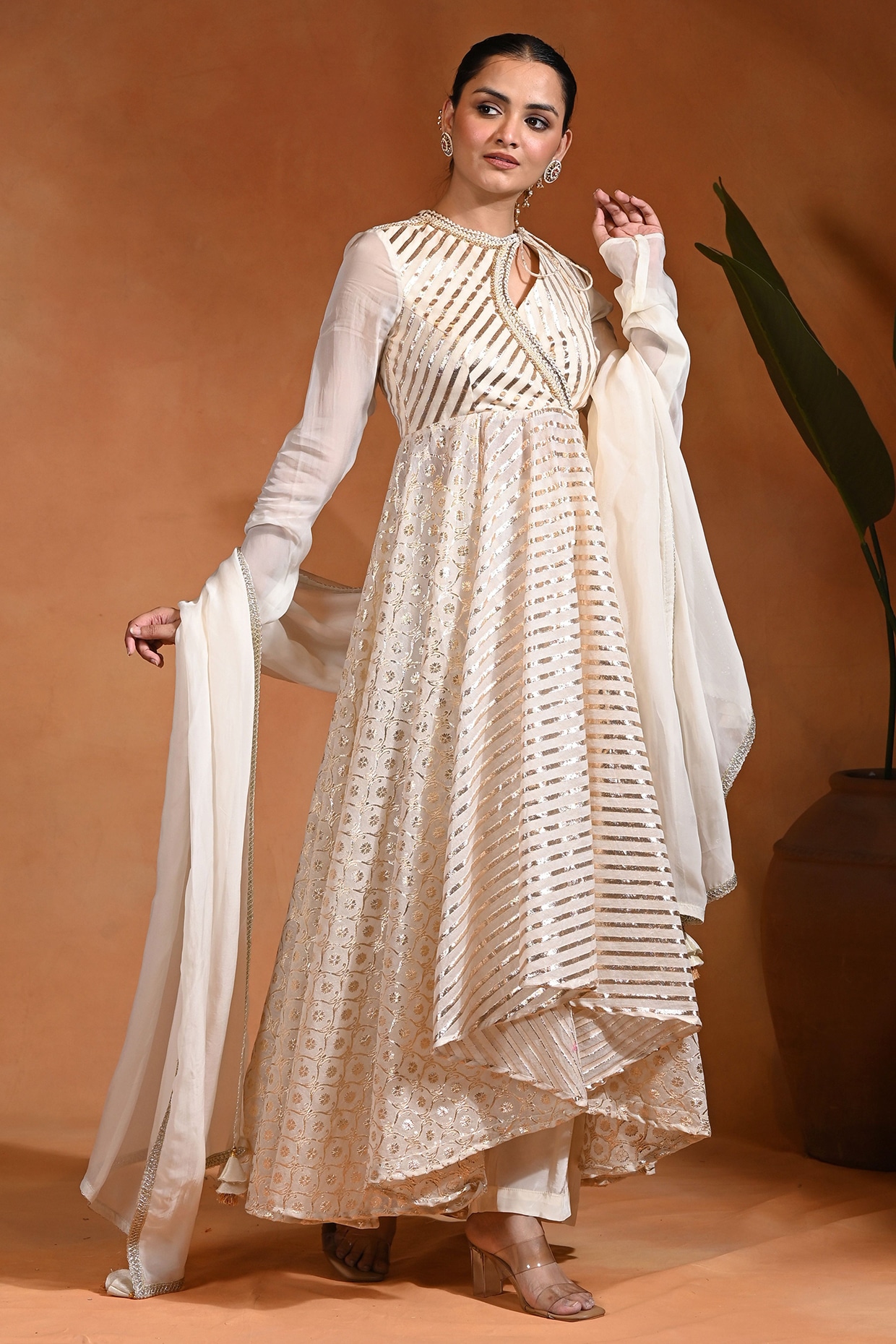 Rishi & Vibhuti Ivory Chanderi & Crepe Anarkali Set