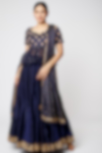 Royal Blue & Golden Dupion Flared Wedding Lehenga Set by Rishi & Vibhuti at Pernia's Pop Up Shop