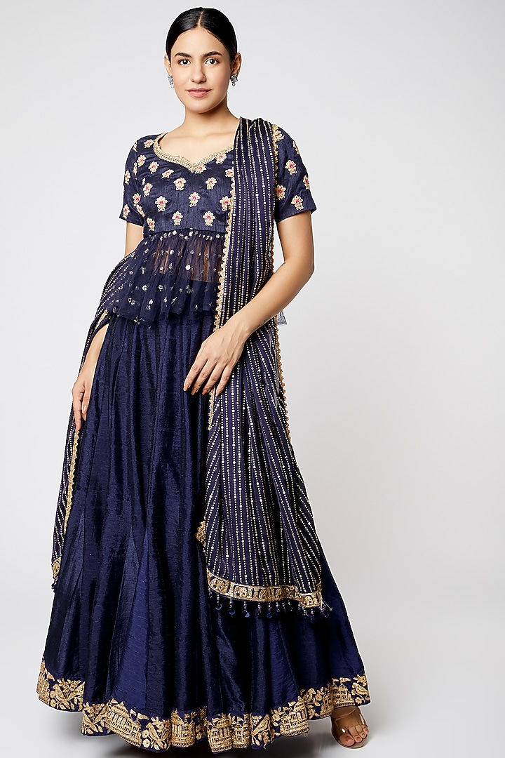 Royal Blue & Golden Dupion Flared Wedding Lehenga Set by Rishi & Vibhuti at Pernia's Pop Up Shop