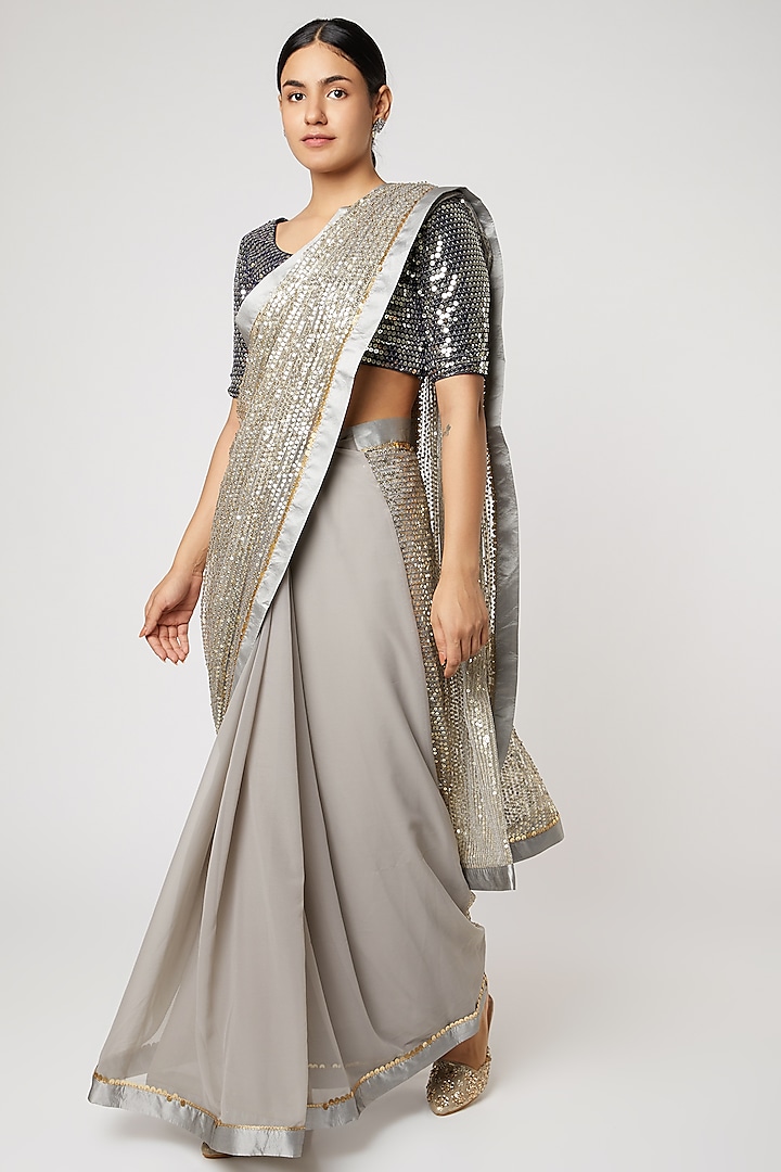 Grey & Silver Grey Sequins Saree Set by Rishi & Vibhuti