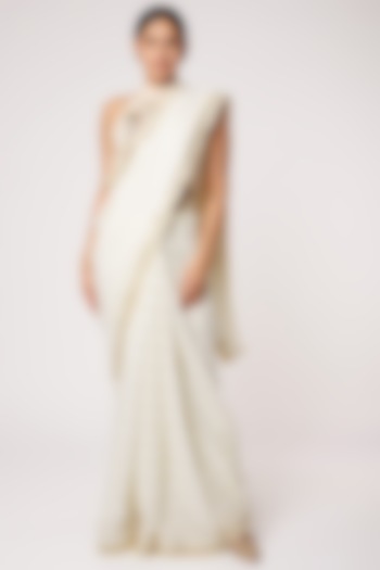 White & Beige Georgette Wedding Saree Set by Rishi & Vibhuti at Pernia's Pop Up Shop