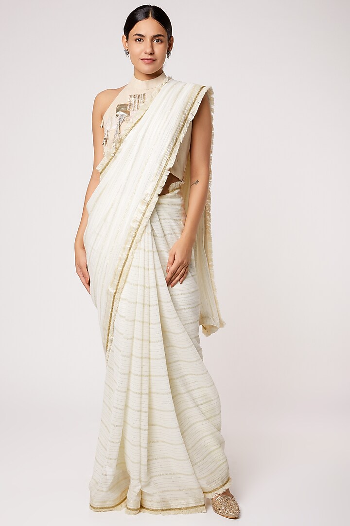 White & Beige Georgette Wedding Saree Set by Rishi & Vibhuti at Pernia's Pop Up Shop