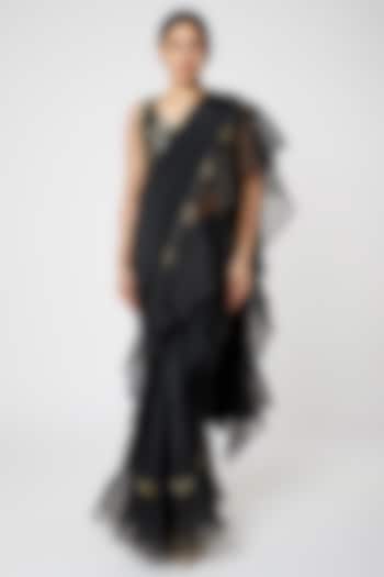 Black Organza Wedding Saree Set With Ruffles by Rishi & Vibhuti at Pernia's Pop Up Shop