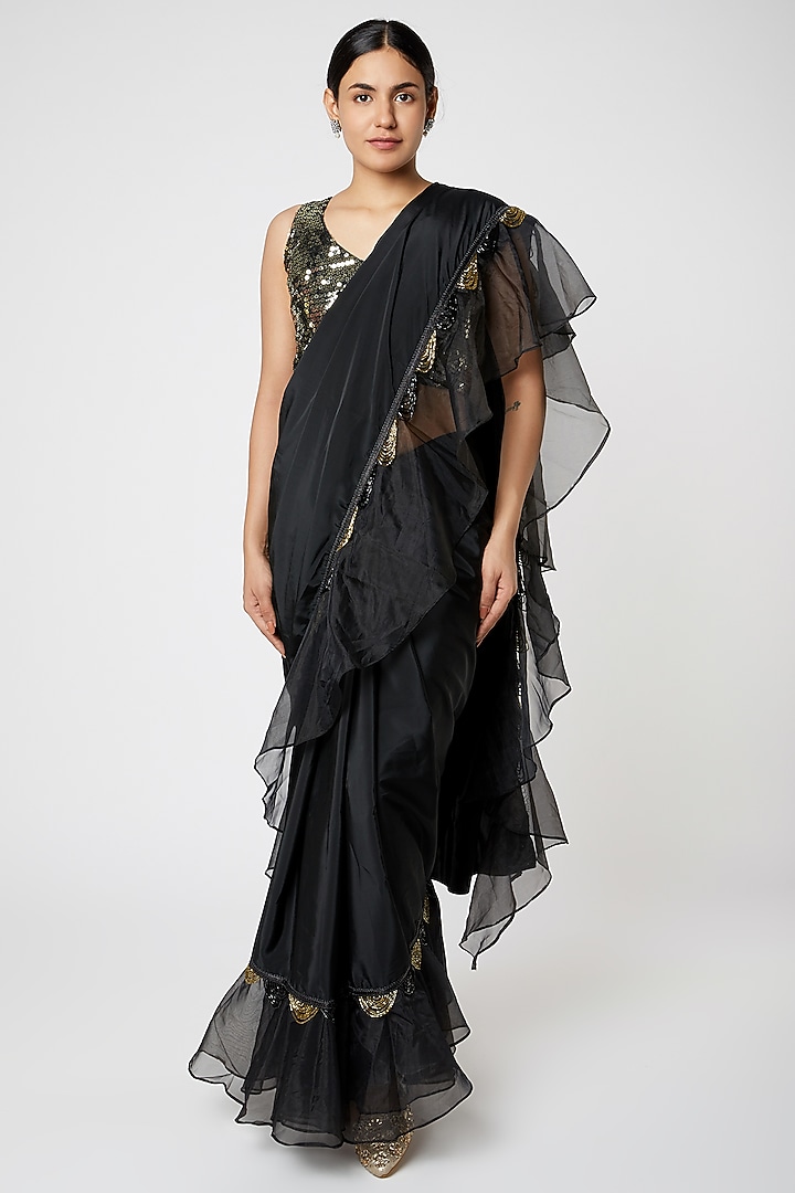 Black Organza Wedding Saree Set With Ruffles by Rishi & Vibhuti at Pernia's Pop Up Shop