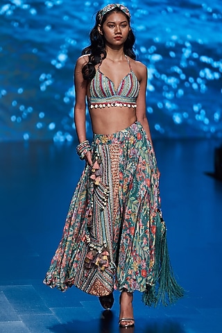 Tiffany Blue Printed Skirt Set by Rishi & Vibhuti