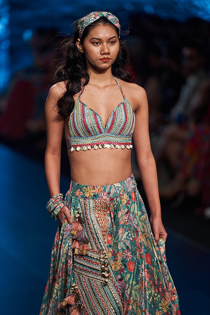 Tiffany Blue Printed Skirt Set by Rishi & Vibhuti at Pernia's Pop Up Shop