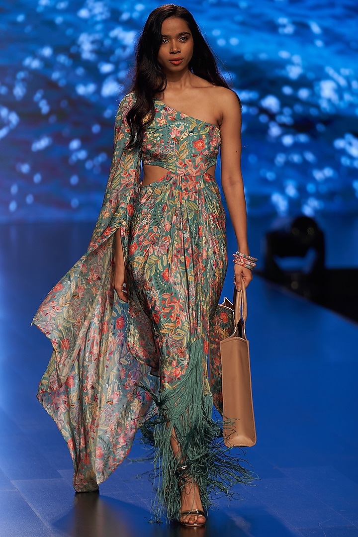 Tiffany Blue Crepe Fringed Dress by Rishi & Vibhuti