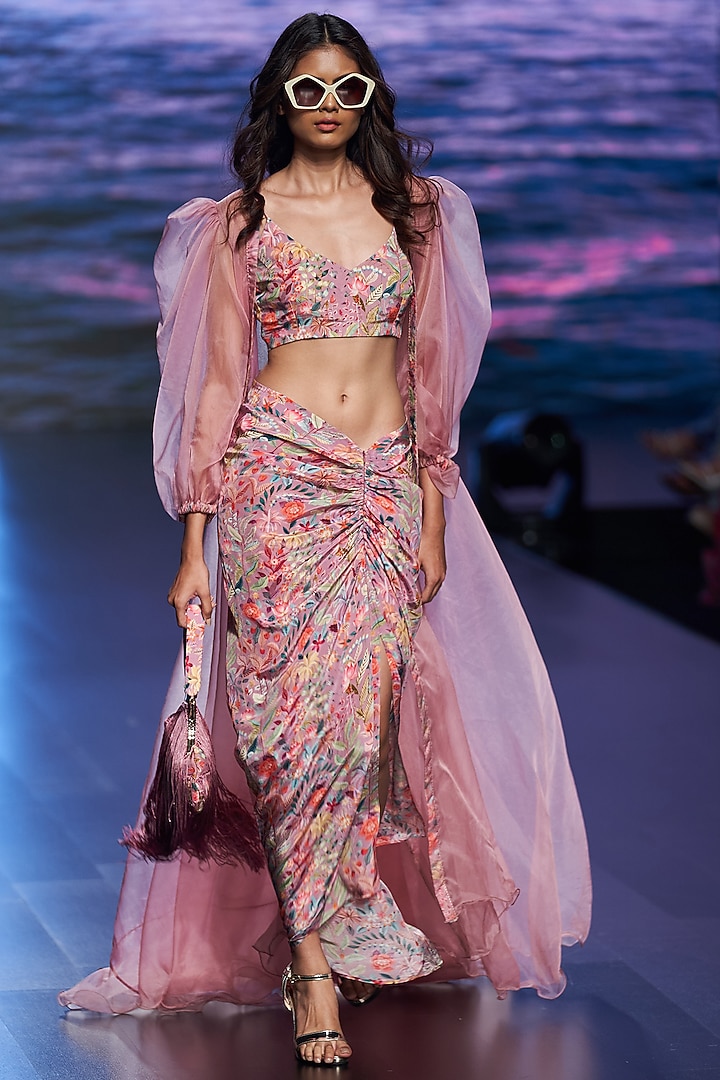 Dusty Pink Ruched Skirt Set With Shrug by Rishi & Vibhuti at Pernia's Pop Up Shop