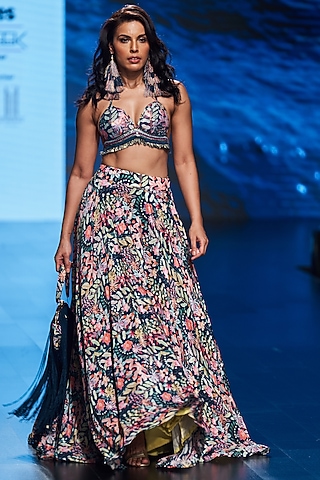Persian Blue Tropical Printed Skirt Set by Rishi & Vibhuti
