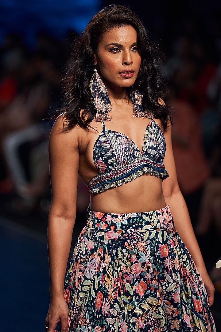 Persian Blue Tropical Printed Skirt Set by Rishi & Vibhuti at Pernia's Pop Up Shop