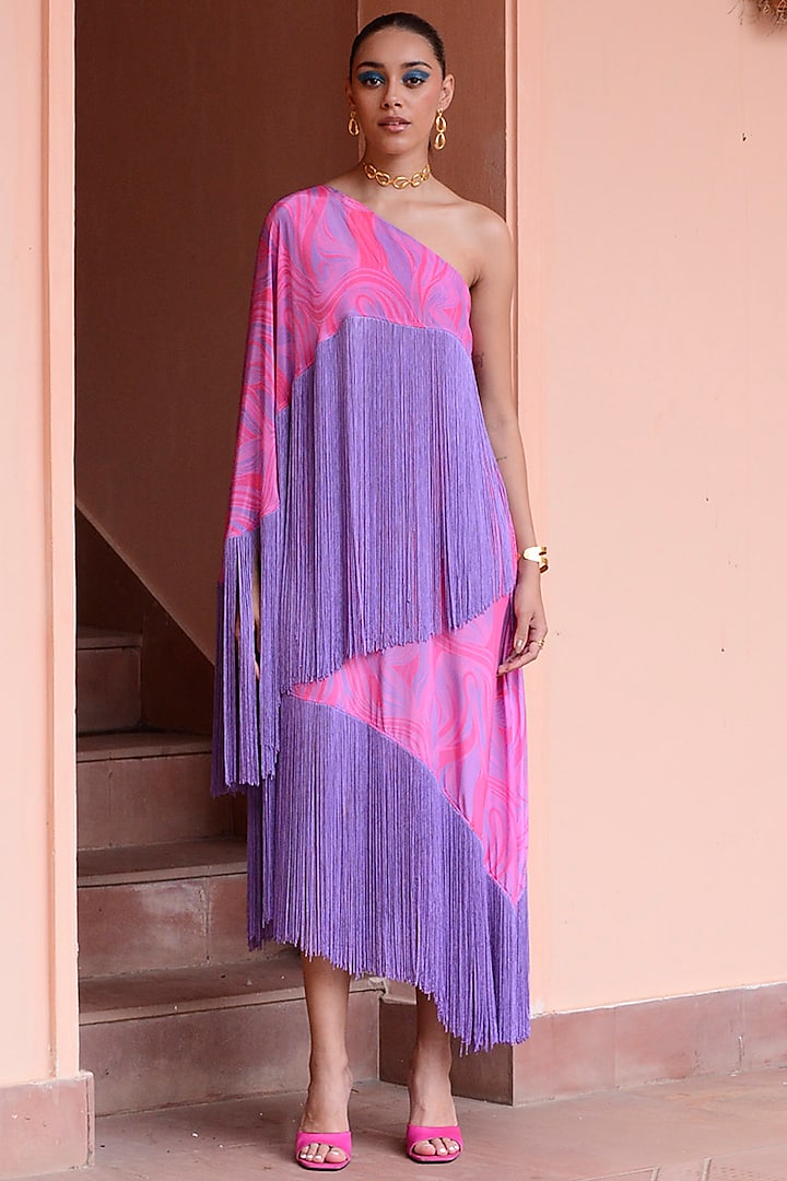 Lilac & Pink Crepe Dress by Rishi & Vibhuti