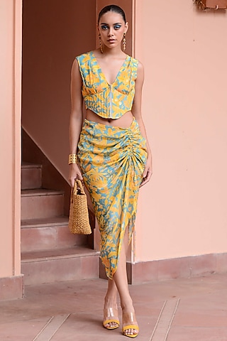 Baby Blue & Yellow Crepe Skirt Set by Rishi & Vibhuti