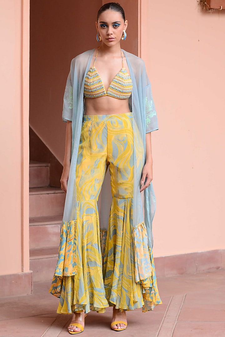 Baby Blue & Yellow Georgette Cape Set by Rishi & Vibhuti at Pernia's Pop Up Shop