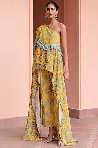 Baby Blue & Yellow Crepe Tunic Set by Rishi & Vibhuti