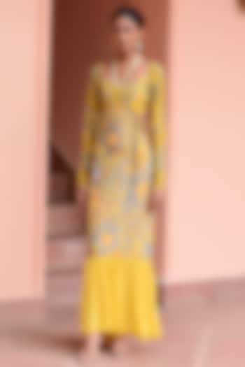 Baby Blue & Yellow Crepe Dress With Top by Rishi & Vibhuti
