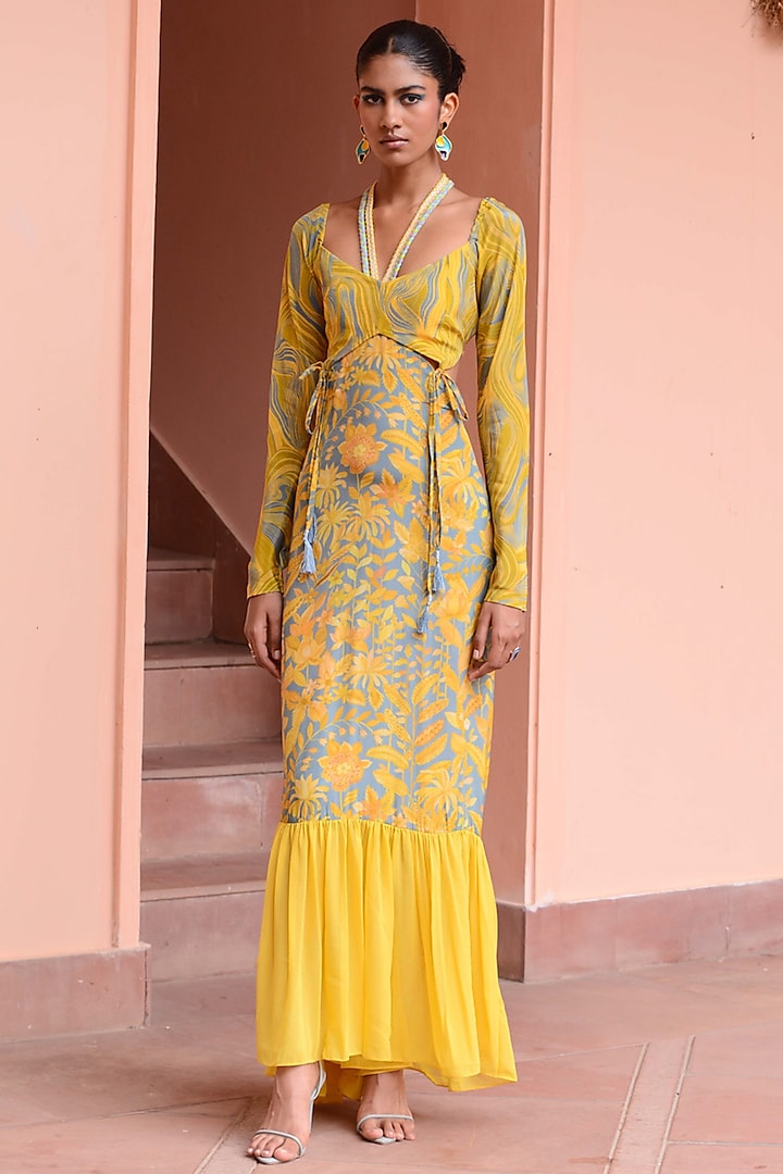 Baby Blue & Yellow Crepe Dress With Top by Rishi & Vibhuti