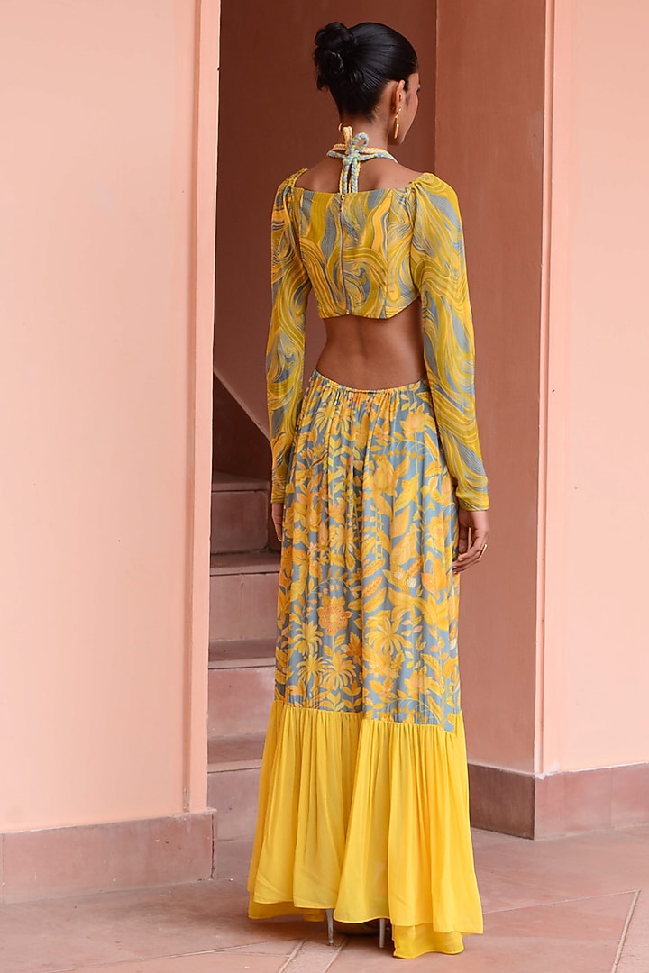 Baby Blue & Yellow Crepe Vacation Dress With Top by Rishi & Vibhuti at Pernia's Pop Up Shop