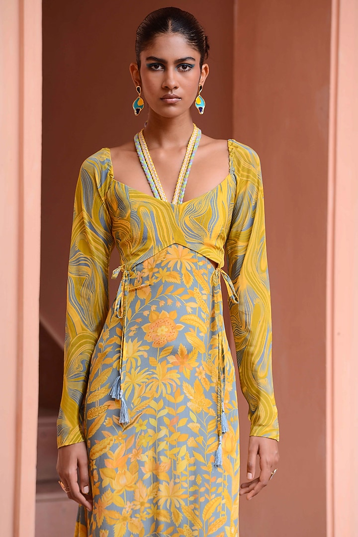Baby Blue & Yellow Crepe Vacation Dress With Top by Rishi & Vibhuti at Pernia's Pop Up Shop