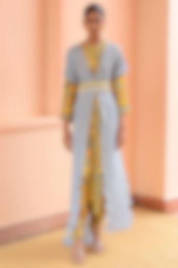 Baby Blue & Yellow Crepe Jumpsuit With Cape by Rishi & Vibhuti at Pernia's Pop Up Shop