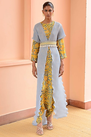 Baby Blue & Yellow Crepe Jumpsuit With Cape by Rishi & Vibhuti