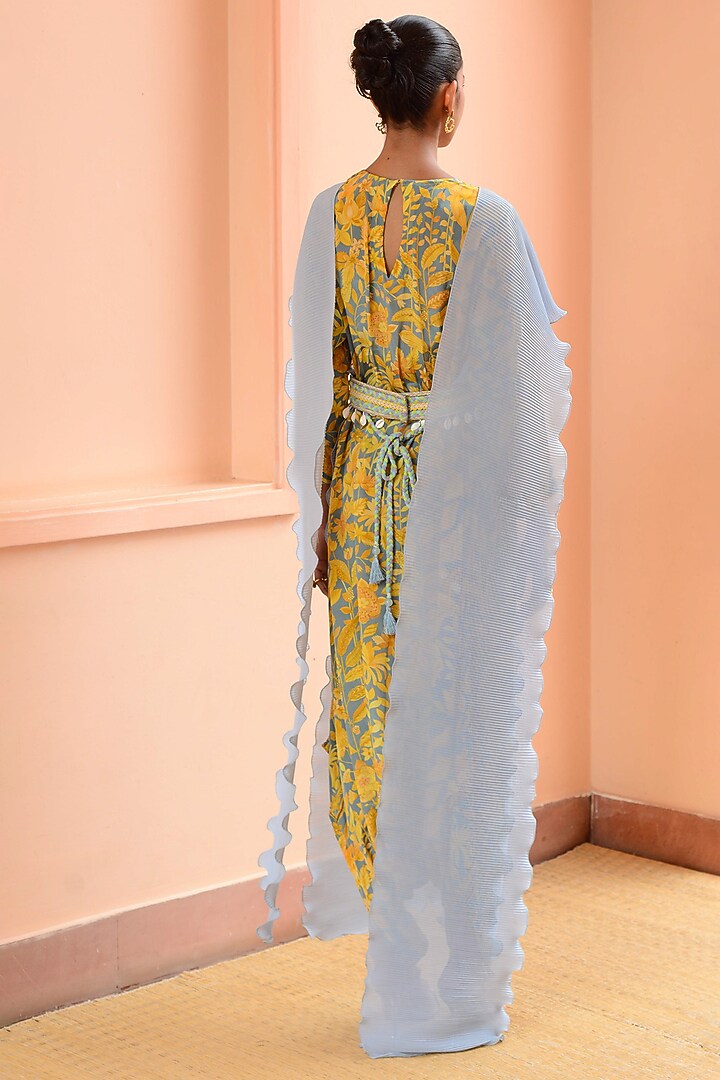 Baby Blue & Yellow Crepe Jumpsuit With Cape by Rishi & Vibhuti at Pernia's Pop Up Shop