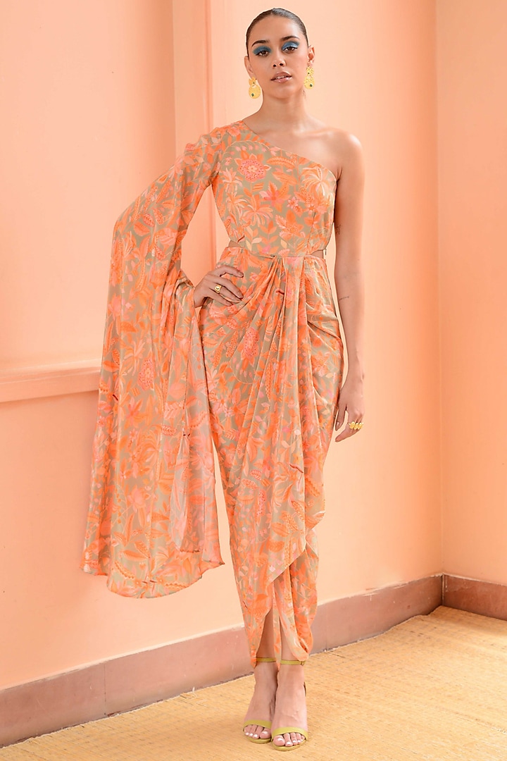 Peach & Sage Green Crepe Draped Dress by Rishi & Vibhuti