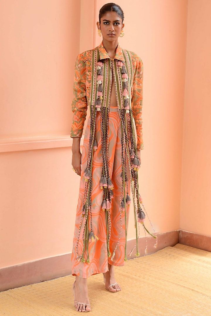 Peach & Sage Green Crepe Jacket Set by Rishi & Vibhuti at Pernia's Pop Up Shop