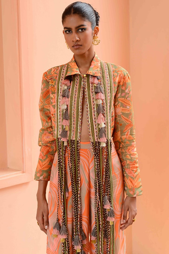 Peach & Sage Green Crepe Jacket Set by Rishi & Vibhuti at Pernia's Pop Up Shop