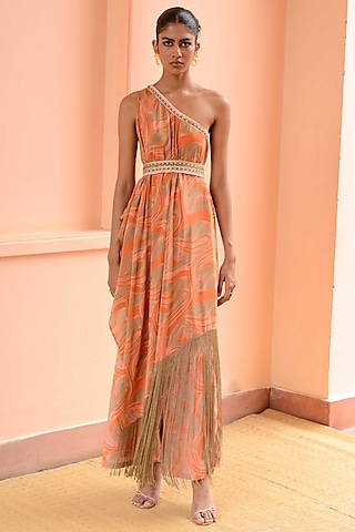 Peach & Sage Green Crepe One-Shoulder Tunic Set by Rishi & Vibhuti