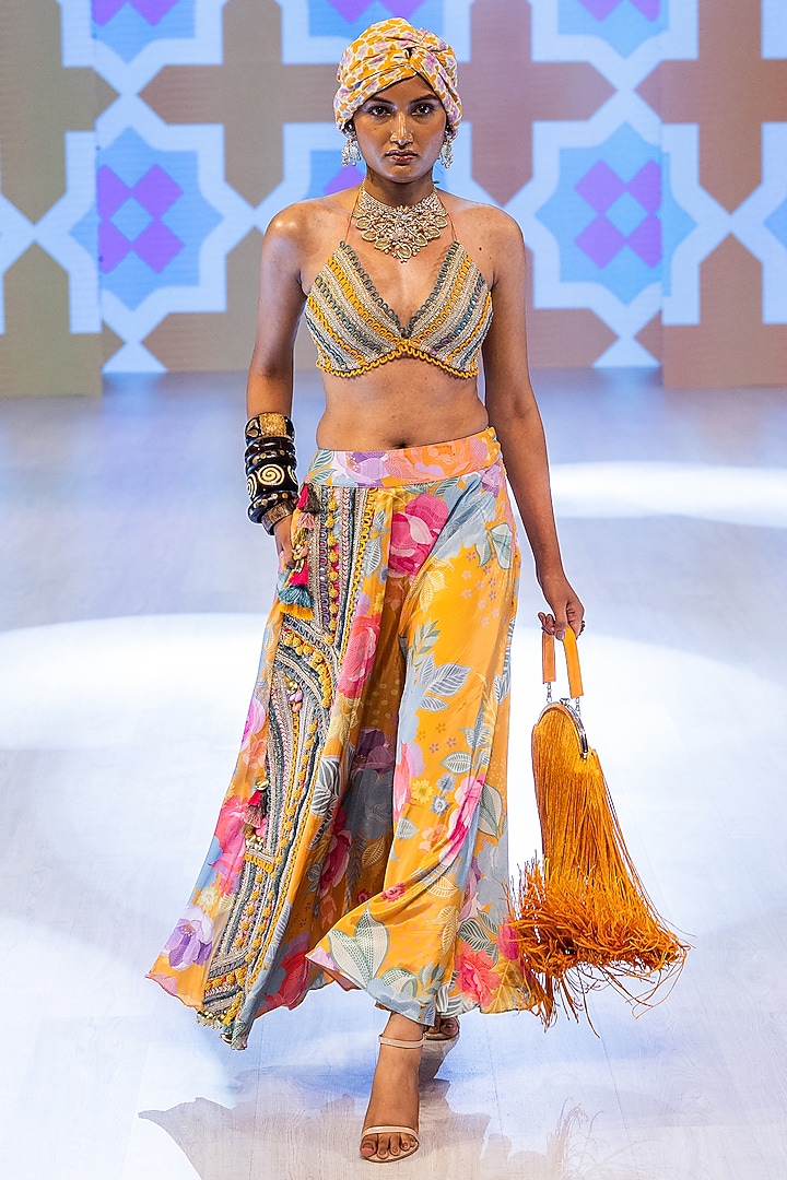 Marigold Yellow Crepe Skirt Set by Rishi & Vibhuti at Pernia's Pop Up Shop