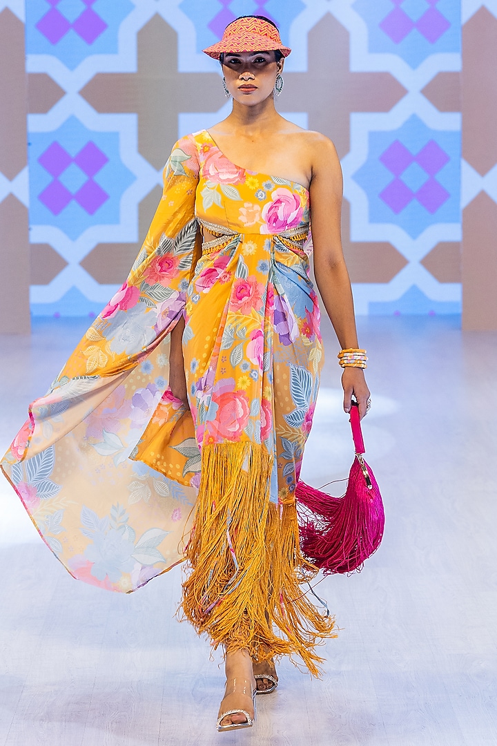 Marigold Yellow Crepe One-Shoulder Cocktail Dress by Rishi & Vibhuti at Pernia's Pop Up Shop