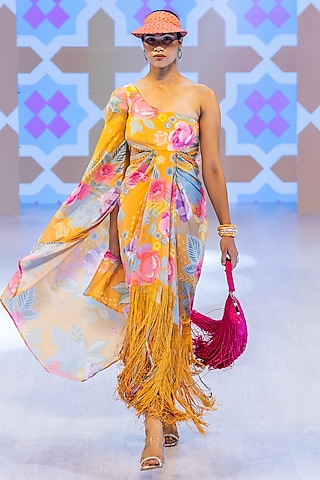 Marigold Yellow Crepe One-Shoulder Dress by Rishi & Vibhuti