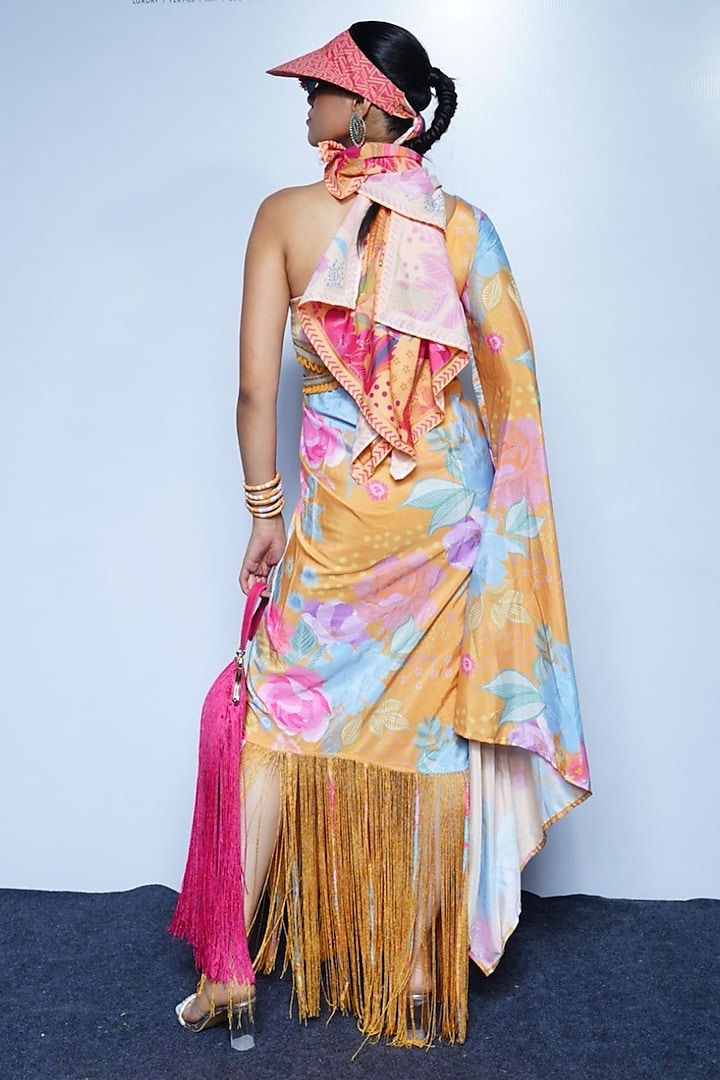 Marigold Yellow Crepe One-Shoulder Cocktail Dress by Rishi & Vibhuti at Pernia's Pop Up Shop