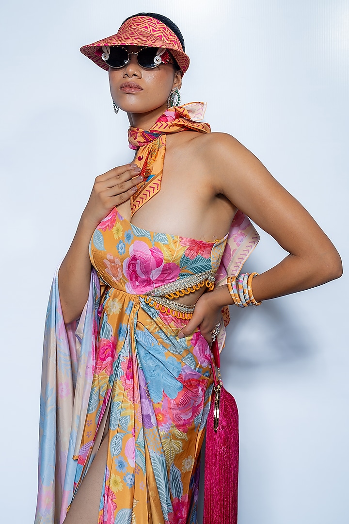 Marigold Yellow Crepe One-Shoulder Cocktail Dress by Rishi & Vibhuti at Pernia's Pop Up Shop