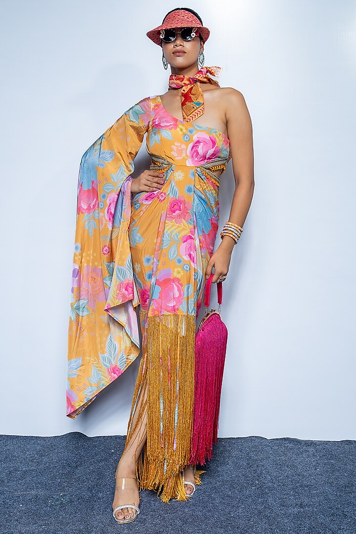Marigold Yellow Crepe One-Shoulder Cocktail Dress by Rishi & Vibhuti at Pernia's Pop Up Shop