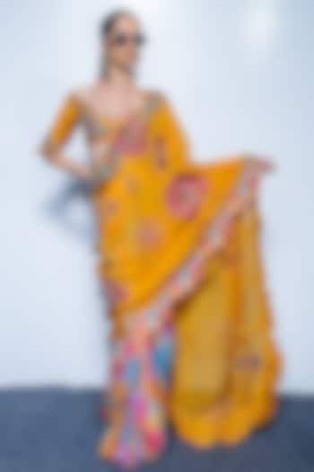 Marigold Yellow Organza & Chanderi Draped Reception Saree Set by Rishi & Vibhuti at Pernia's Pop Up Shop